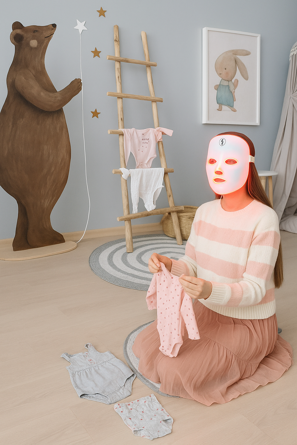 Woman wearing a red LED face mask in a room with a bear statue, ladder, and baby clothes.