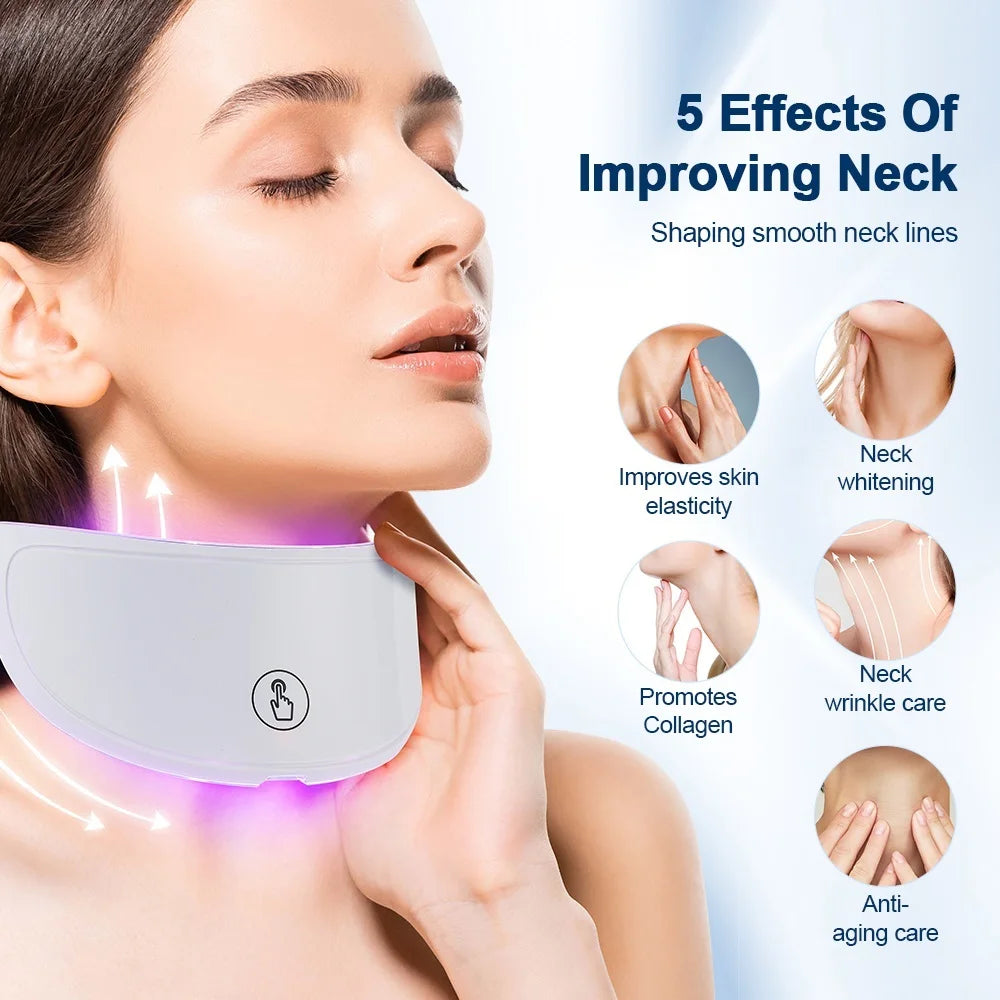Woman using a neck massager with text on effects of improving neck lines.
