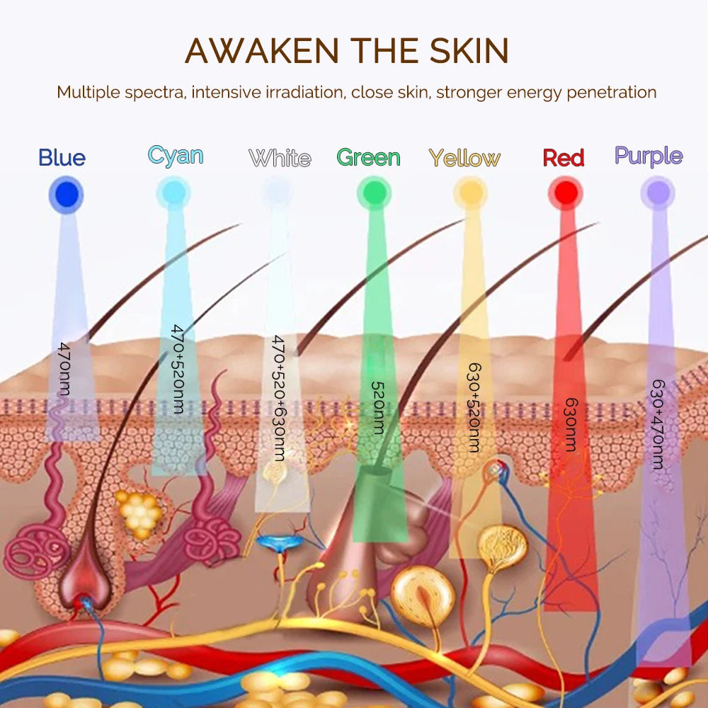 Diagram of skin layers with colored light beams and text 'Awaken the Skin'.