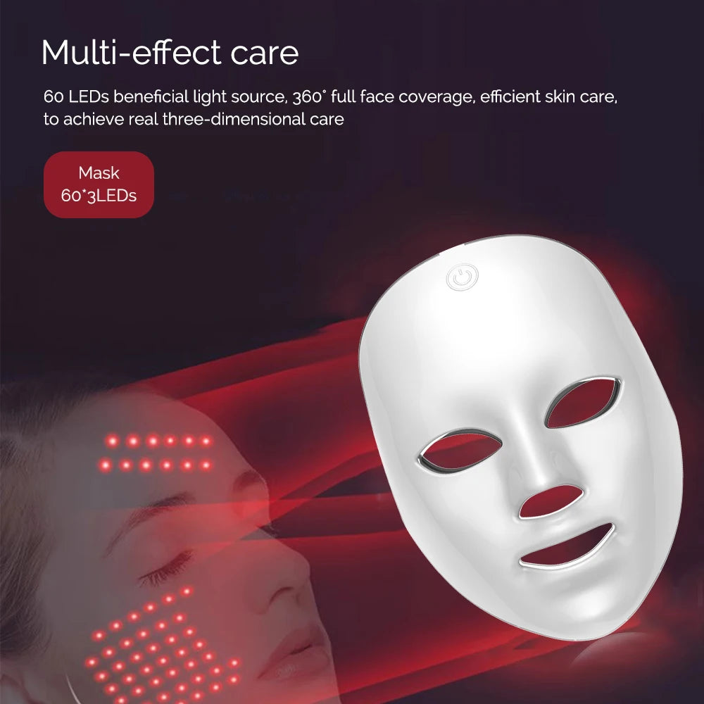 LED face mask with red lights on a dark background, highlighting multi-effect care benefits.