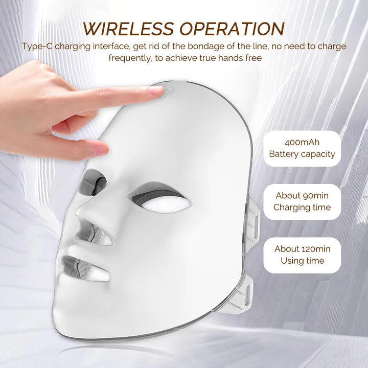 White LED face mask with hand pointing to it, featuring wireless operation text and specifications.