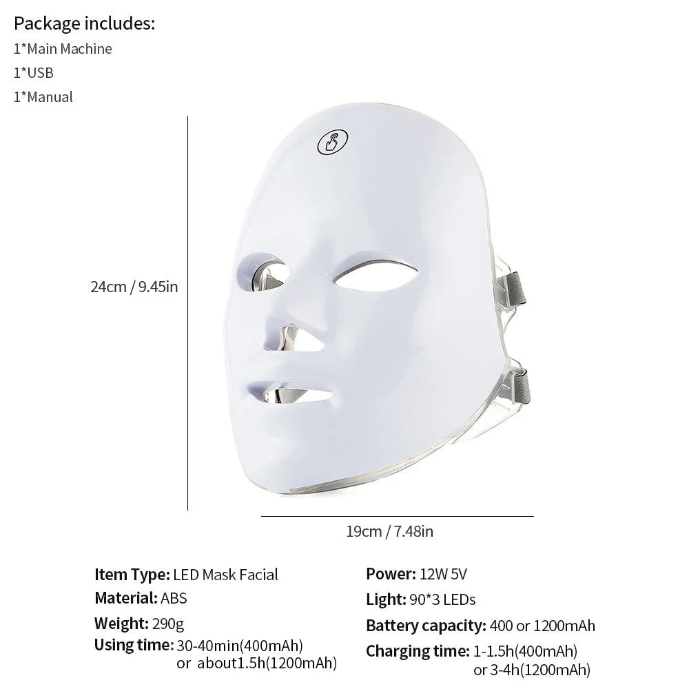 White LED facial mask with dimensions and specifications on a white background