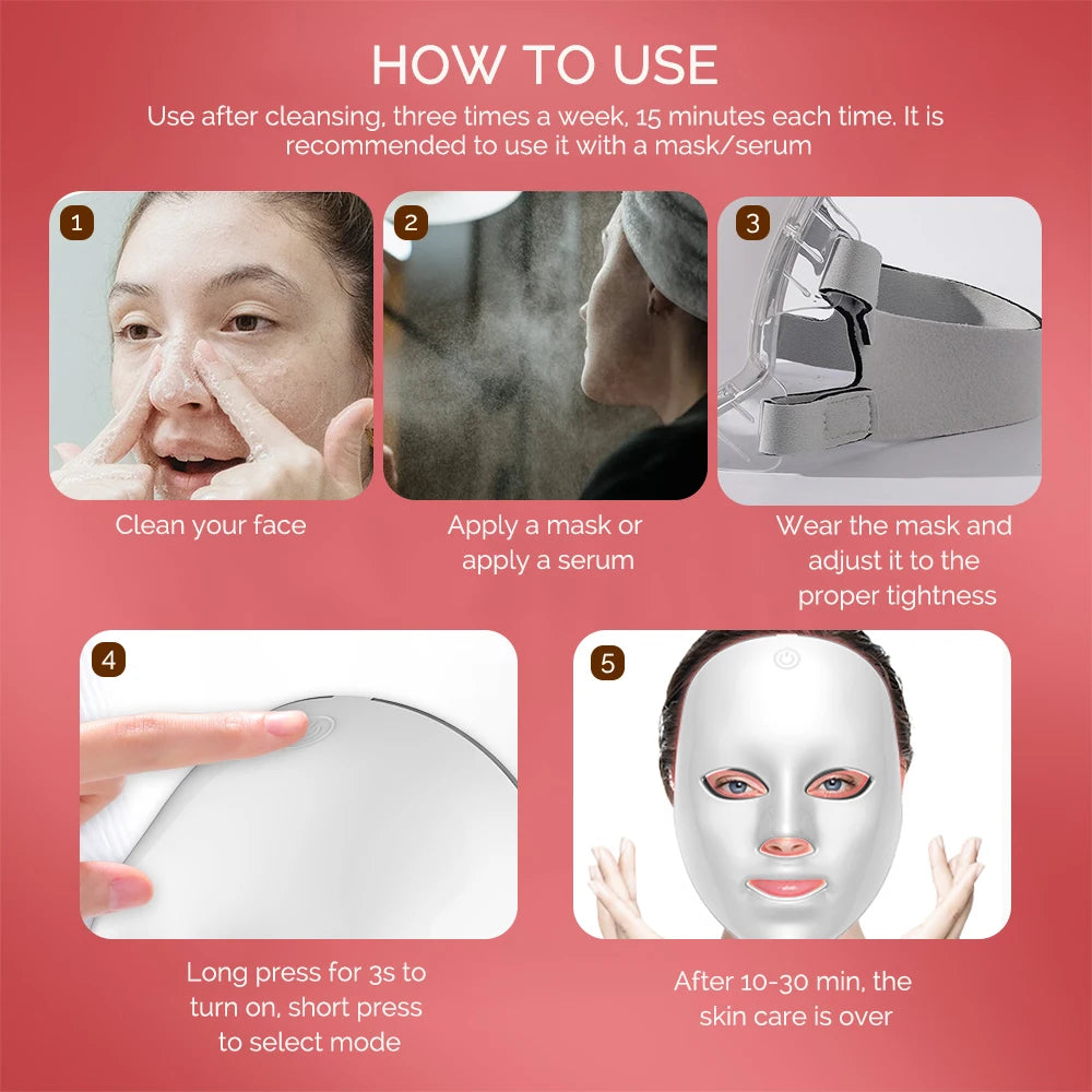 Instructions on how to use a face mask with images and text on a pink background