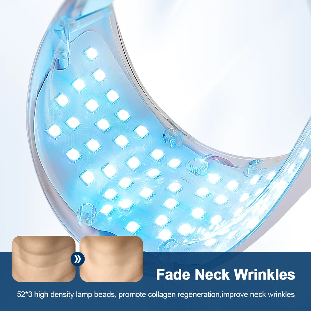 LED light device for neck wrinkles with blue light and text on a white background