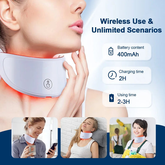Person using a neck massager with product features displayed on screen