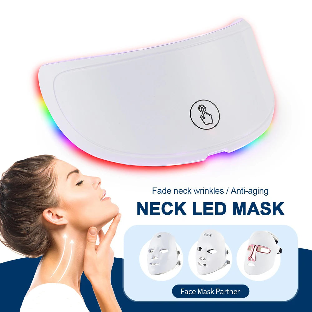 Neck LED mask with a woman using it, labeled for anti-aging and neck wrinkles.