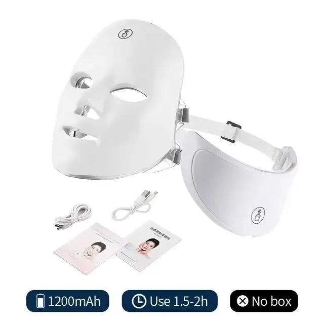 White LED face and eye mask with charging cable and user manual on a white background