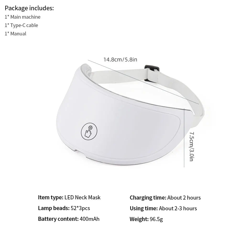 White LED neck mask with dimensions and specifications on a white background